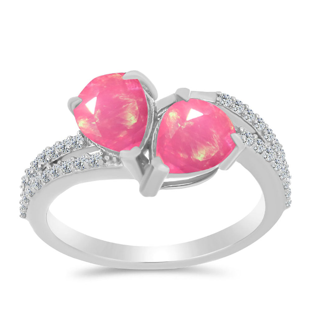 Stříbro 925/1000 - Prsten s Růžovým Opálem z Lega Dembi a Bílým Topazem - Karátové číslo: 1.45. přibližná hmotnost: 2.59 gramů