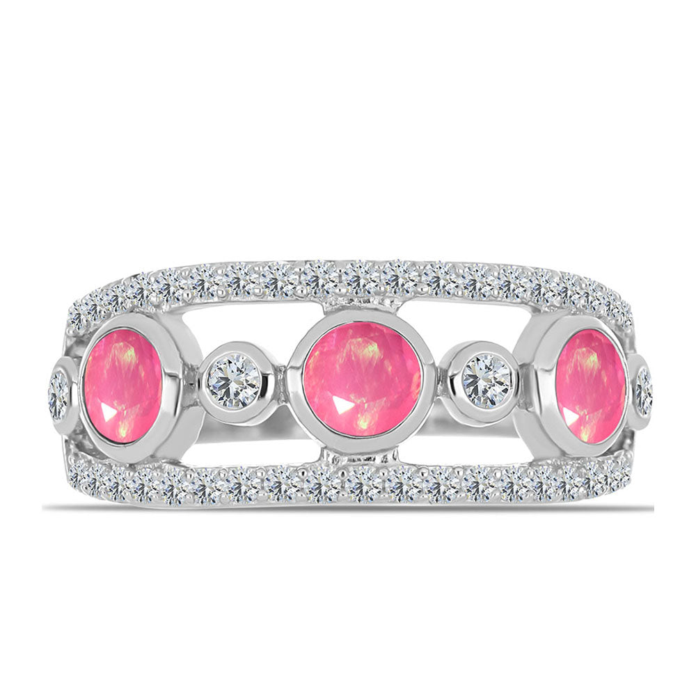 Stříbro 925/1000 - Prsten s Růžovým Opálem z Lega Dembi a Bílým Topazem - Karátové číslo: 1.07. přibližná hmotnost: 3.78 gramů