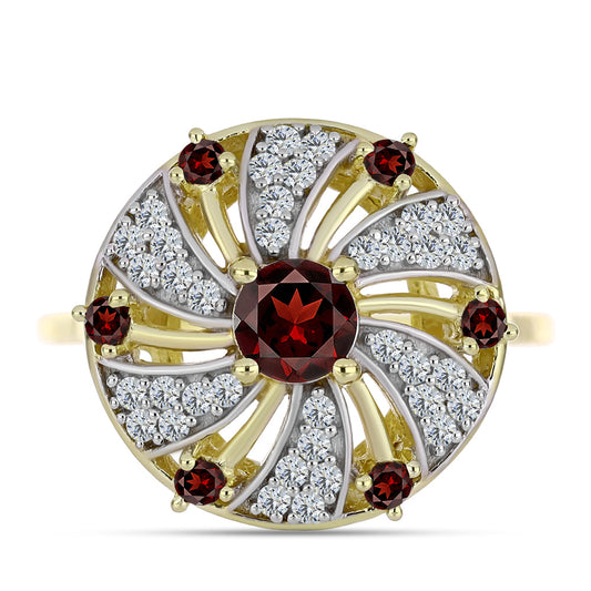 Pozlacené Stříbro 925/1000 - Prsten s Bartonským Granátem a Bílým Topazem - Karátové číslo: 1.34. přibližná hmotnost: 4.16 gramů