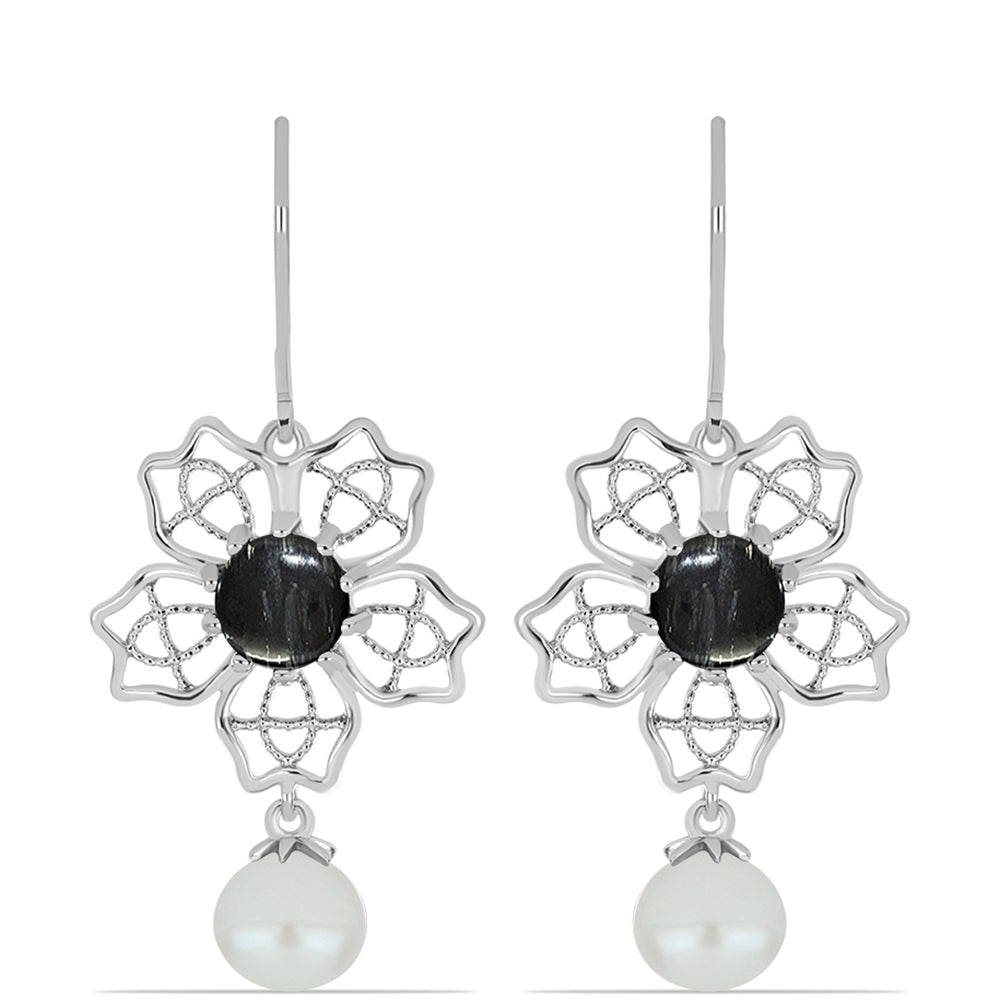 Stříbro 925/1000 - Náušnice s Picasso Jaspisem a Bílou Sladkovodní Perlou - Karátové číslo: 10.04. přibližná hmotnost: 6.53 gramů 1 