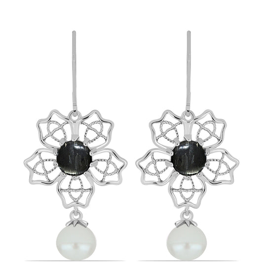 Stříbrné Náušnice s Picasso Jaspisem a Bílou Sladkovodní Perlou