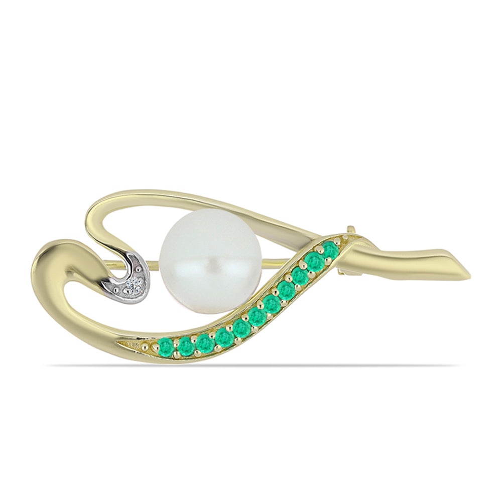 Pozlacené Stříbro 925/1000 - Brož s Kolumbijským Smaragdem a Bílým Diamantem - Karátové číslo: 4.21. přibližná hmotnost: 3.46 gramů 1 