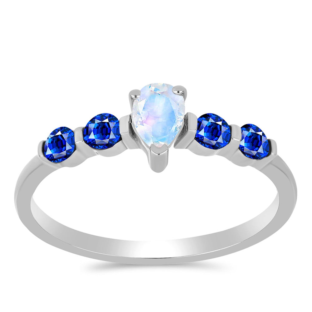 Stříbrný Prsten s Australským Modrým Safírem a Duhovým Měsíčním Kamenem