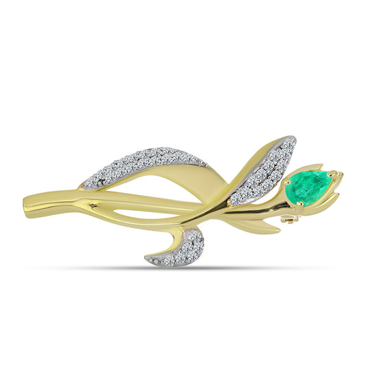 Pozlacené Stříbro 925/1000 - Brož s Kolumbijským Smaragdem a Bílým Diamantem - Karátové číslo: 0.64. přibližná hmotnost: 4.06 gramů