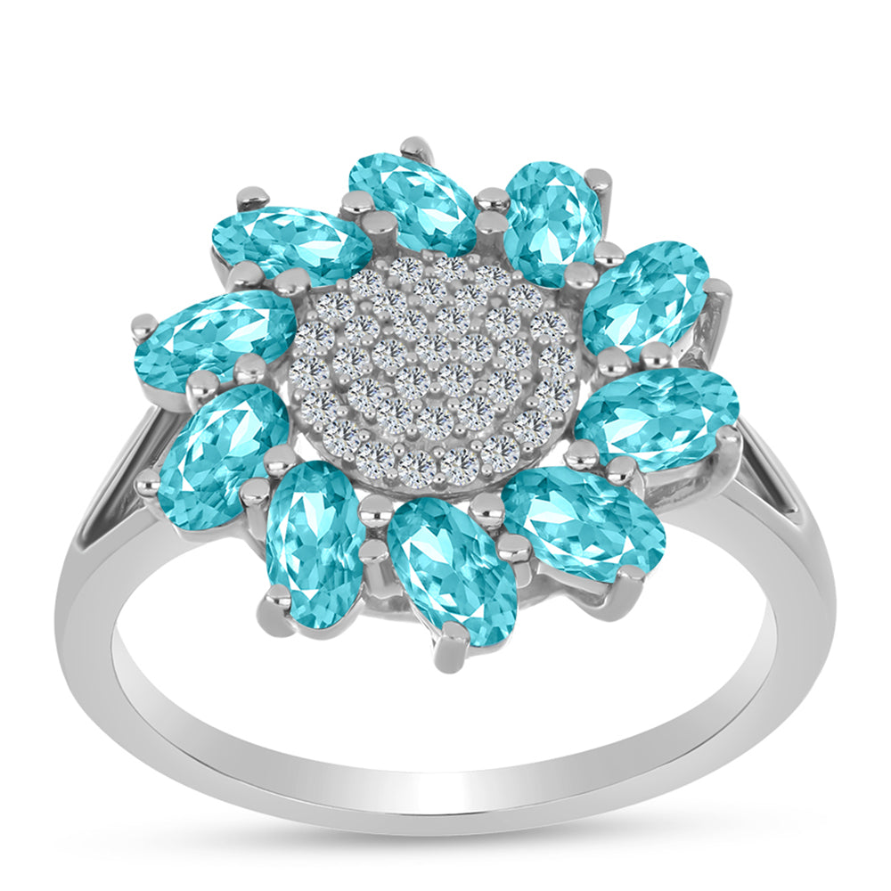 Stříbro 925/1000 - Prsten s Paraiba Křemenem a Bílým Topazem - Karátové číslo: 2.11. přibližná hmotnost: 3.65 gramů