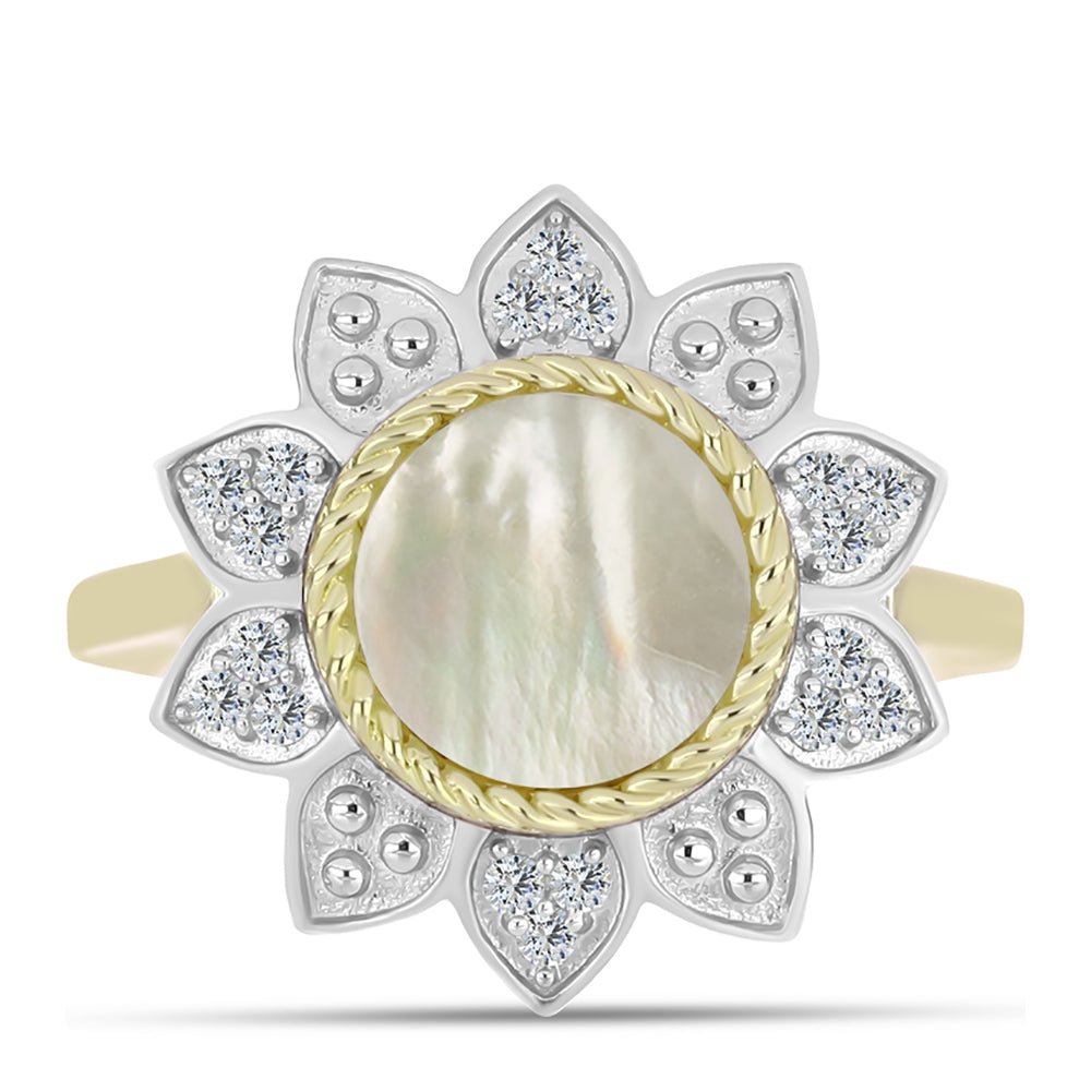 Pozlacené Stříbro 925/1000 - Prsten s Lasturou a Bílým Topazem - Karátové číslo: 1.48. přibližná hmotnost: 4.34 gramů