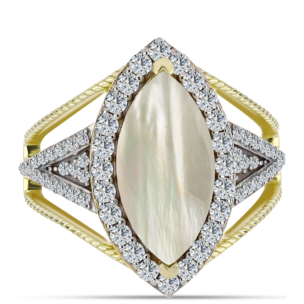 Pozlacené Stříbro 925/1000 - Prsten s Lasturou a Bílým Topazem - Karátové číslo: 3.41. přibližná hmotnost: 5.7 gramů