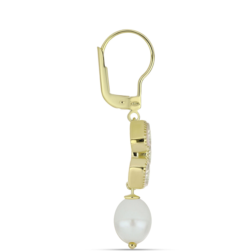 Pozlacené Stříbro 925/1000 - Náušnice s Lasturou a Bílou Sladkovodní Perlou - Karátové číslo: 9.44. přibližná hmotnost: 6.04 gramů 2 