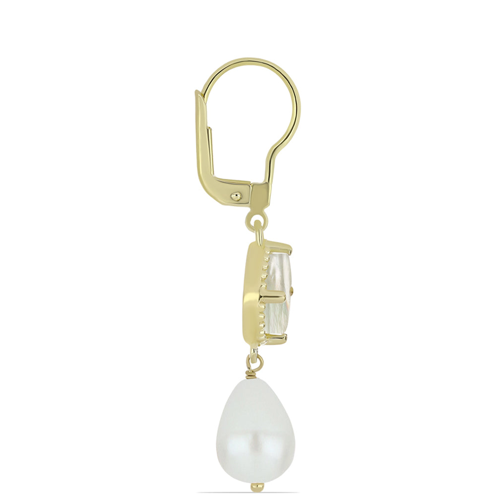 Pozlacené Stříbro 925/1000 - Náušnice s Lasturou a Bílou Sladkovodní Perlou - Karátové číslo: 10.92. přibližná hmotnost: 4.94 gramů 2 