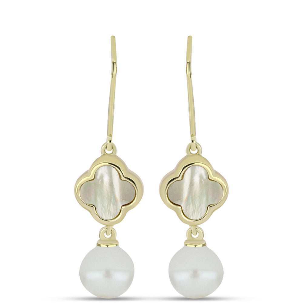 Pozlacené Stříbro 925/1000 - Náušnice s Lasturou a Bílou Sladkovodní Perlou - Karátové číslo: 9.45. přibližná hmotnost: 5.07 gramů