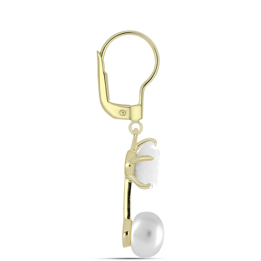 Pozlacené Stříbro 925/1000 - Náušnice s Lasturou a Bílou Sladkovodní Perlou - Karátové číslo: 8.55. přibližná hmotnost: 4.12 gramů 2 