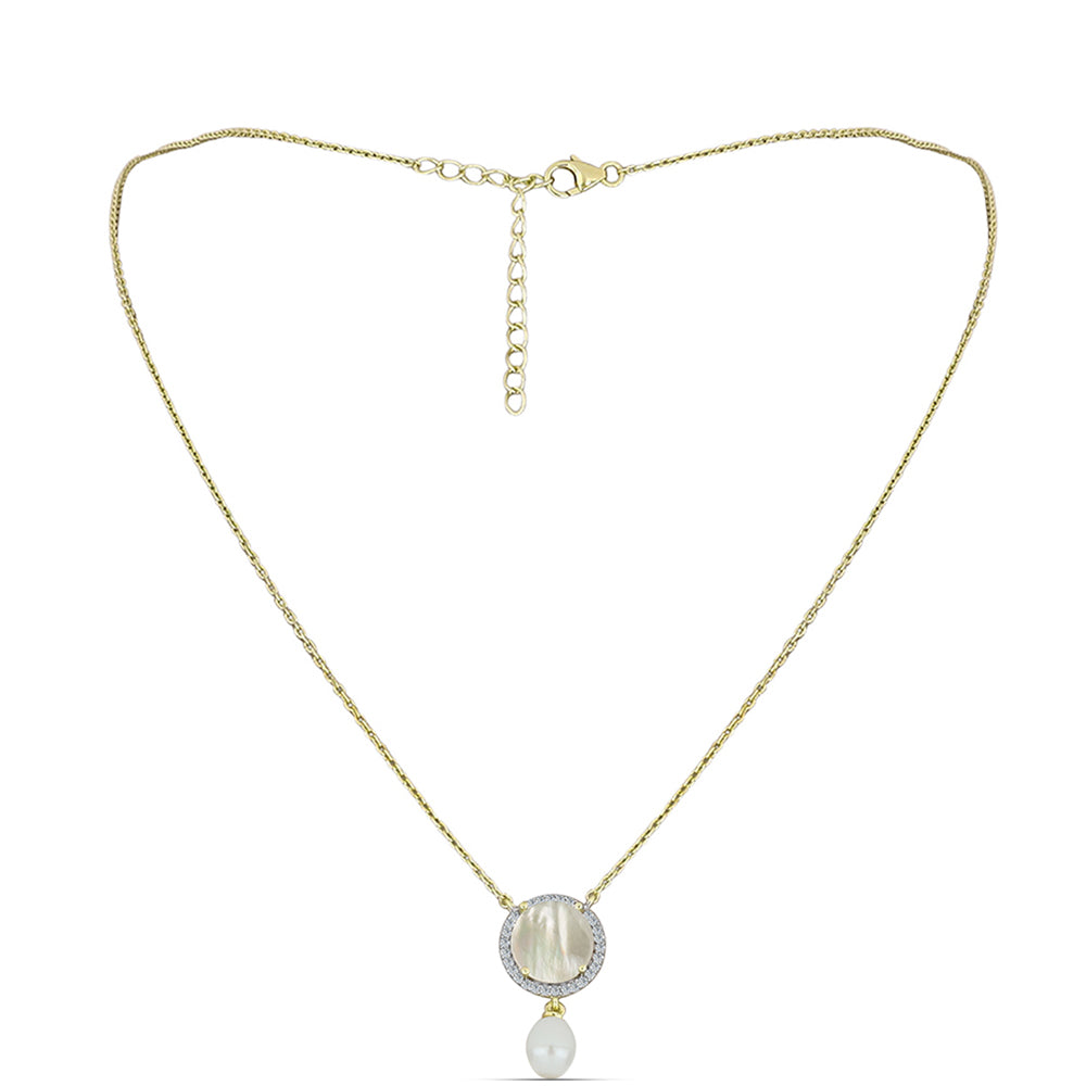 Pozlacené Stříbro 925/1000 - Náhrdelník s Lasturou a Bílou Sladkovodní Perlou - Karátové číslo: 3.82. přibližná hmotnost: 4.17 gramů 1 