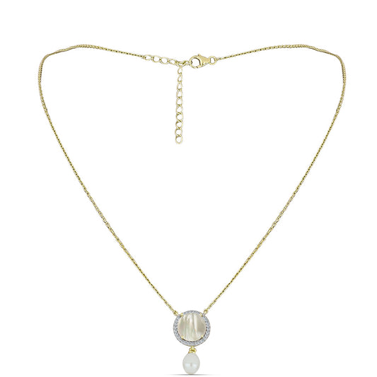 Pozlacené Stříbro 925/1000 - Náhrdelník s Lasturou a Bílou Sladkovodní Perlou - Karátové číslo: 3.82. přibližná hmotnost: 4.17 gramů