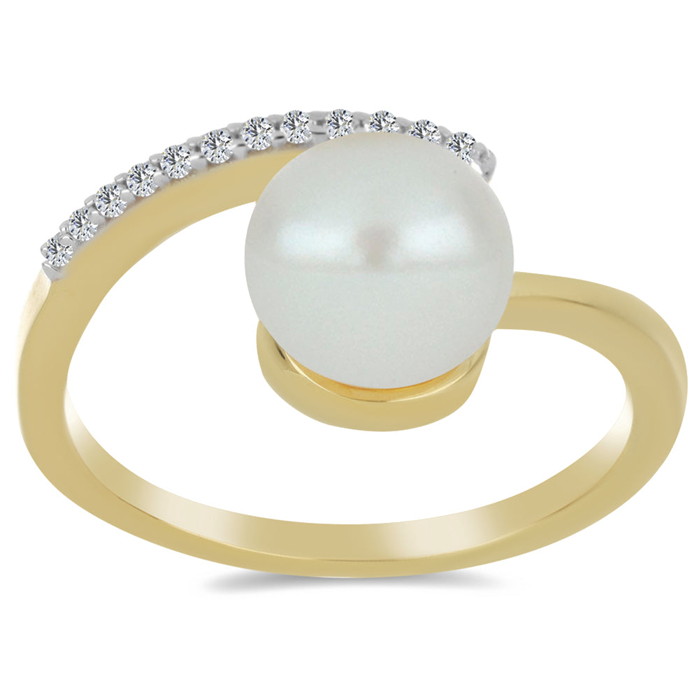 Pozlacené Stříbro 925/1000 - Prsten s Bílou Sladkovodní Perlou a Bílým Topazem - Karátové číslo: 6.97. přibližná hmotnost: 3.43 gramů