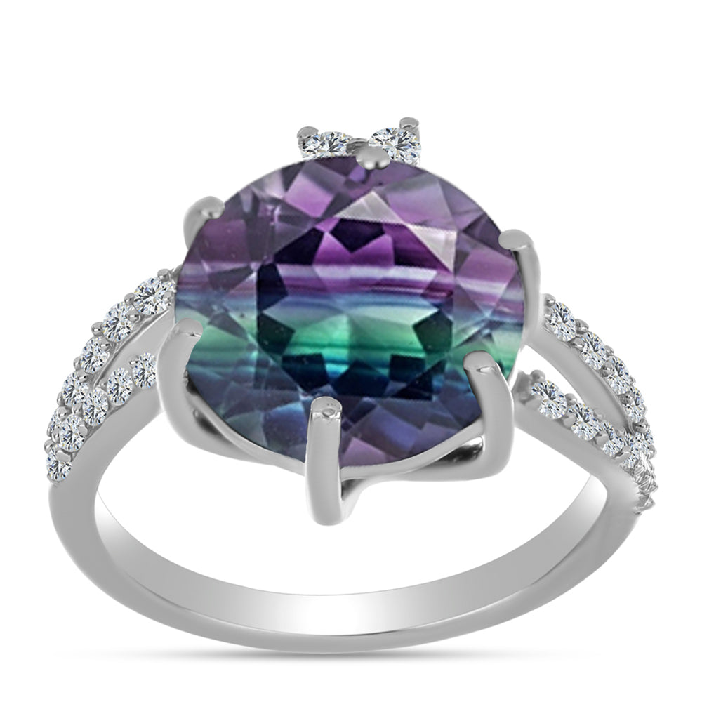 Stříbro 925/1000 - Prsten se Zebra Fluoritem a Bílým Topazem - Karátové číslo: 8.57. přibližná hmotnost: 5.14 gramů