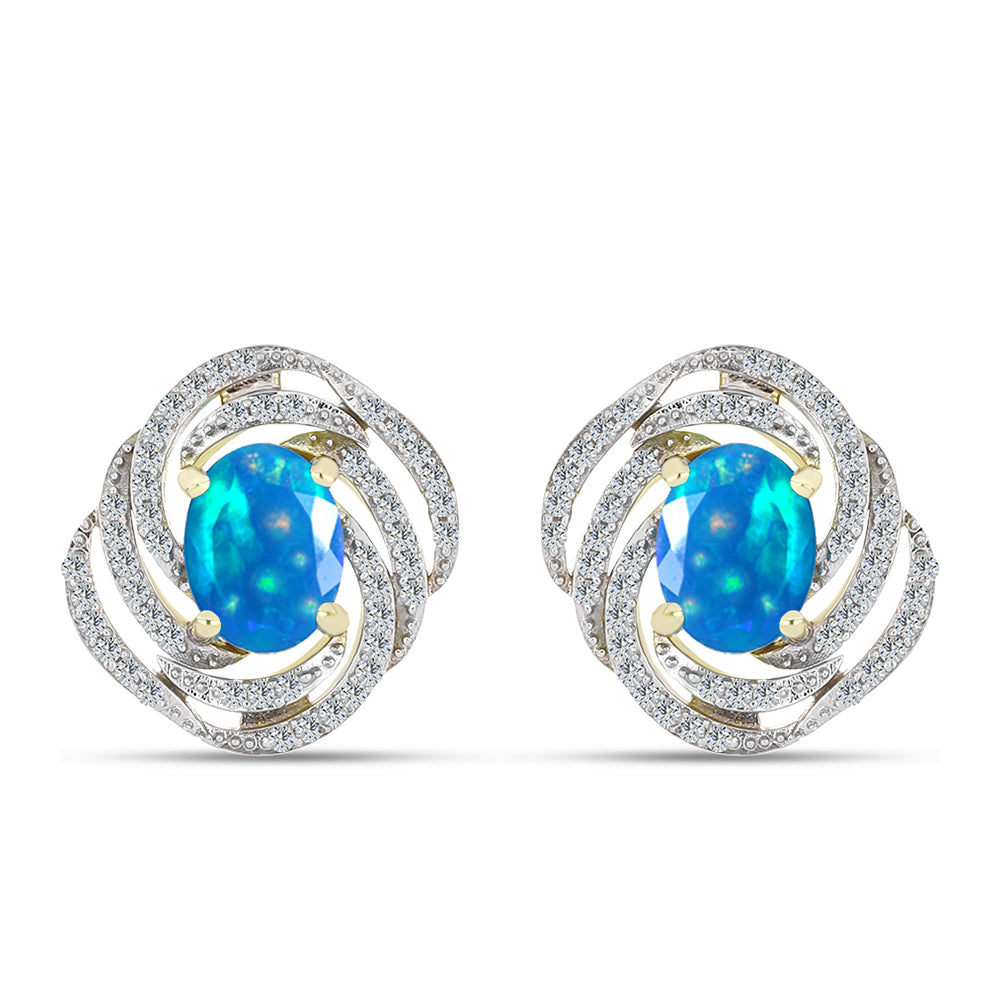 Pozlacené Stříbro 925/1000 - Náušnice s Etiopským Nebeským Opálem a Bílým Topazem - Karátové číslo: 2.02. přibližná hmotnost: 5.19 gramů