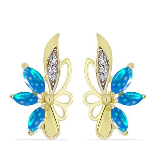 Pozlacené Stříbro 925/1000 - Náušnice s Etiopským Nebeským Opálem a Bílým Topazem - Karátové číslo: 0.7. přibližná hmotnost: 3.8 gramů