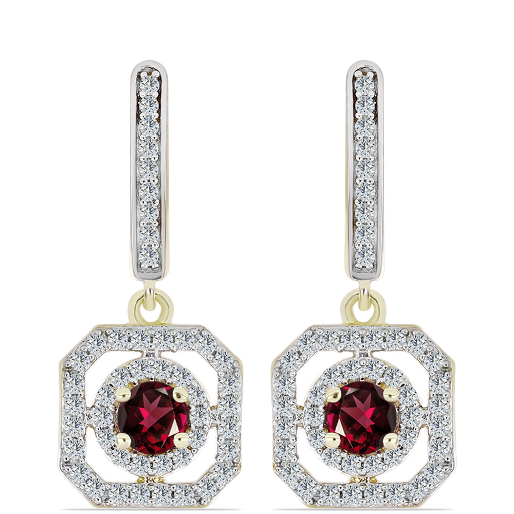 Pozlacené Stříbro 925/1000 - Náušnice s Rhodolitovým Granátem a Bílým Topazem - Karátové číslo: 1.32. přibližná hmotnost: 4.27 gramů 1 