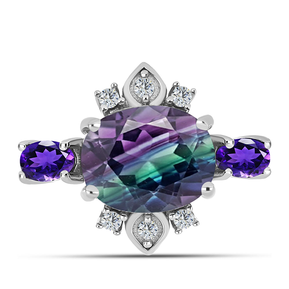 Stříbro 925/1000 - Prsten se Zebra Fluoritem a Marockým Ametystem - Karátové číslo: 3.73. přibližná hmotnost: 3.27 gramů 1 