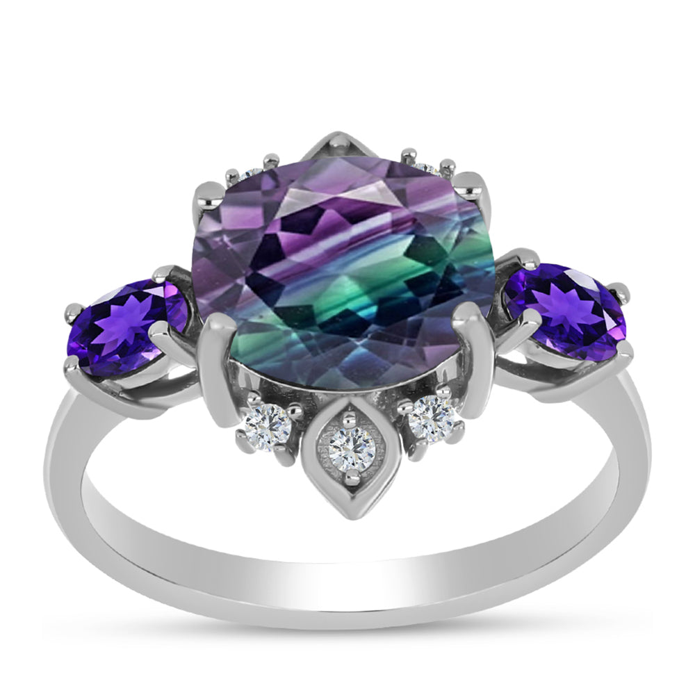 Stříbro 925/1000 - Prsten se Zebra Fluoritem a Marockým Ametystem - Karátové číslo: 3.73. přibližná hmotnost: 3.27 gramů 3 