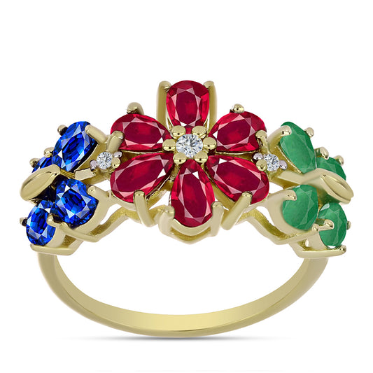 Pozlacené Stříbro 925/1000 - Prsten s Madagaskarským Rubínem a Australským Modrým Safírem - Karátové číslo: 3.1. přibližná hmotnost: 4.19 gramů