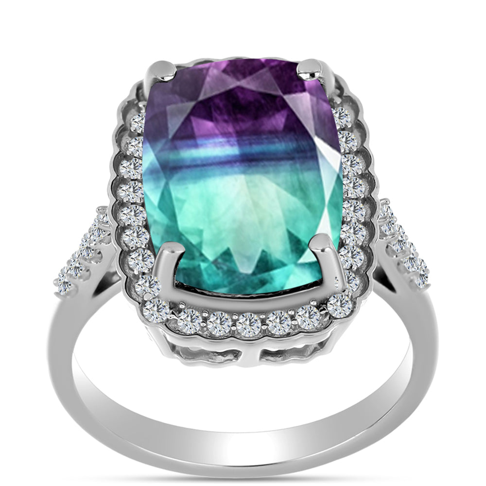 Stříbro 925/1000 - Prsten se Zebra Fluoritem a Bílým Topazem - Karátové číslo: 8.5. přibližná hmotnost: 5.28 gramů