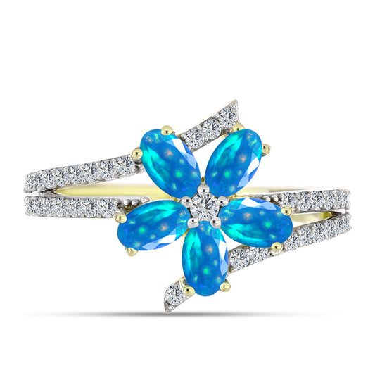 Pozlacené Stříbro 925/1000 - Prsten s Etiopským Nebeským Opálem a Bílým Topazem - Karátové číslo: 1.28. přibližná hmotnost: 3.36 gramů