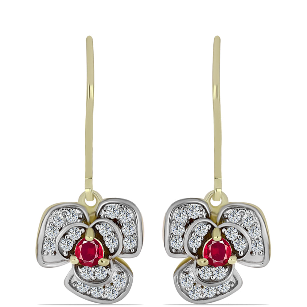 Pozlacené Stříbro 925/1000 - Náušnice s Madagaskarským Rubínem a Bílým Topazem - Karátové číslo: 0.73. přibližná hmotnost: 3.4 gramů 1 