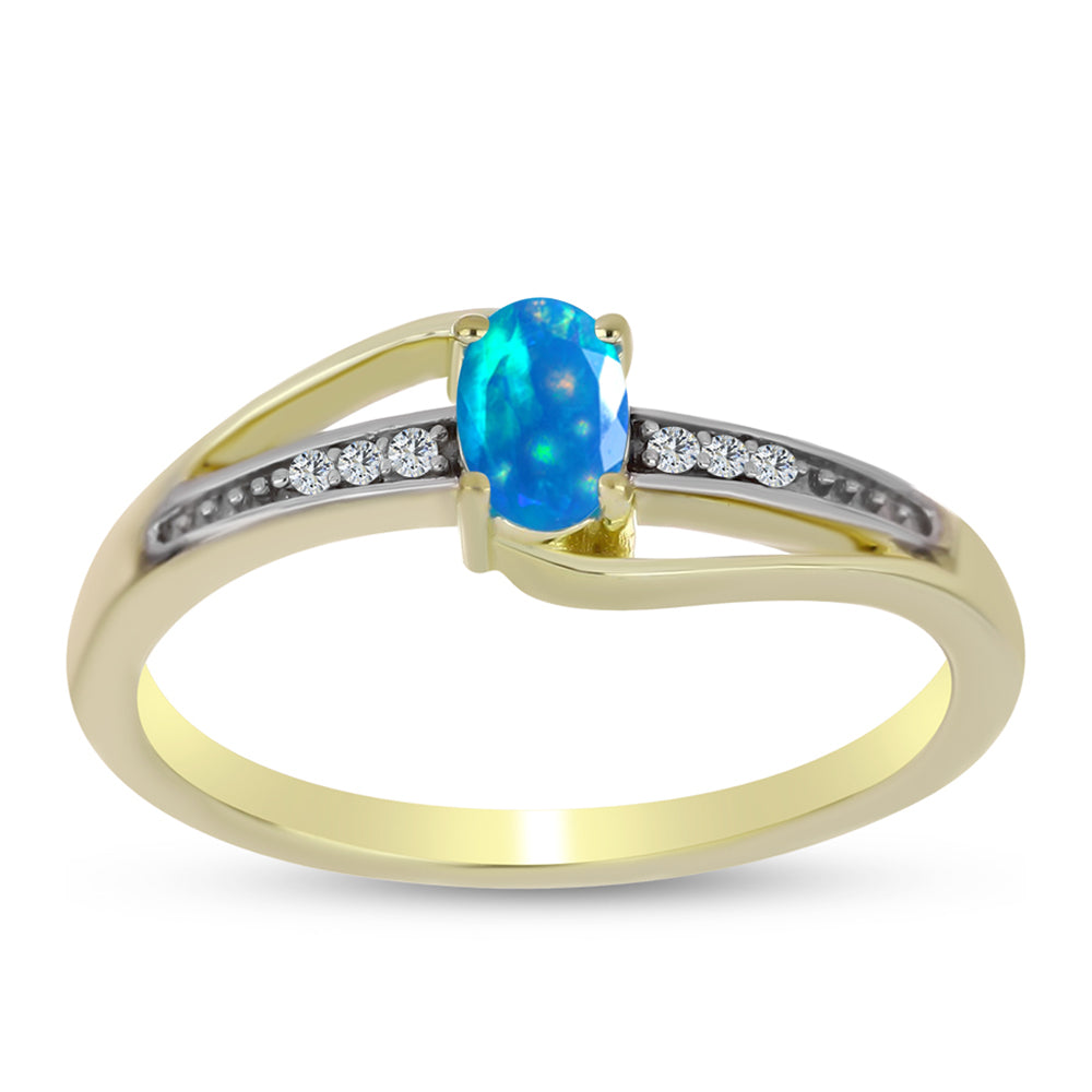 Pozlacené Stříbro 925/1000 - Prsten s Etiopským Nebeským Opálem a Bílým Topazem - Karátové číslo: 0.31. přibližná hmotnost: 2.68 gramů