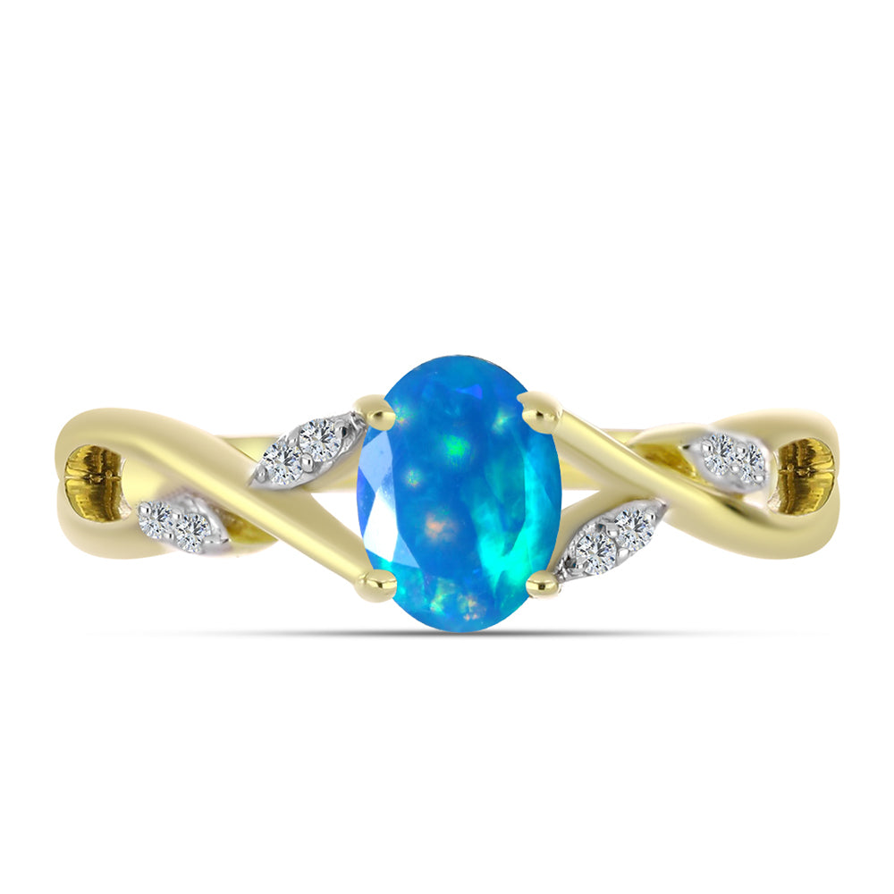 Pozlacené Stříbro 925/1000 - Prsten s Etiopským Nebeským Opálem a Bílým Topazem - Karátové číslo: 0.53. přibližná hmotnost: 2.65 gramů 1 