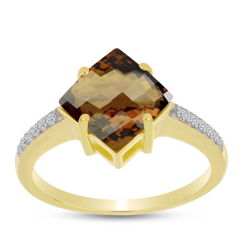 Pozlacené Stříbro 925/1000 - Prsten s Koňakovým Křemenem a Bílým Topazem - Karátové číslo: 2.47. přibližná hmotnost: 2.87 gramů