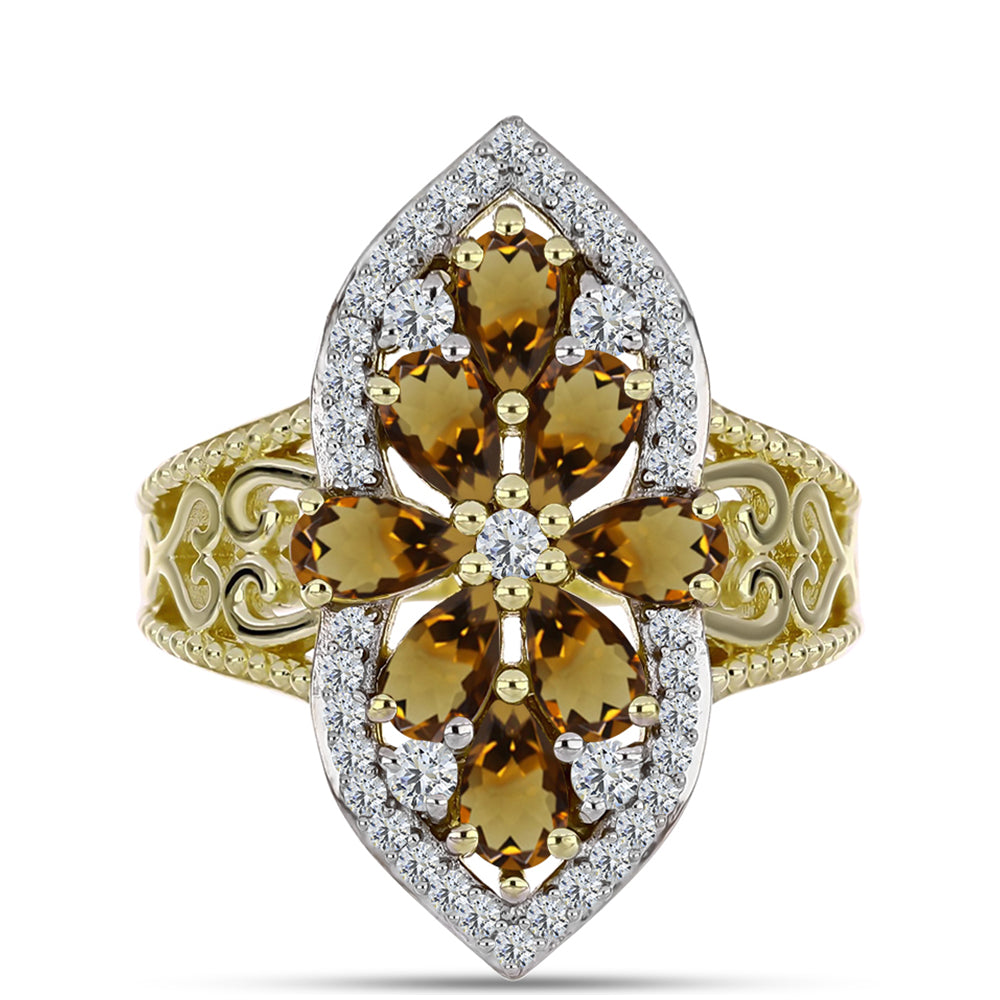 Pozlacené Stříbro 925/1000 - Prsten s Koňakovým Křemenem a Bílým Topazem - Karátové číslo: 1.98. přibližná hmotnost: 4.93 gramů 1 