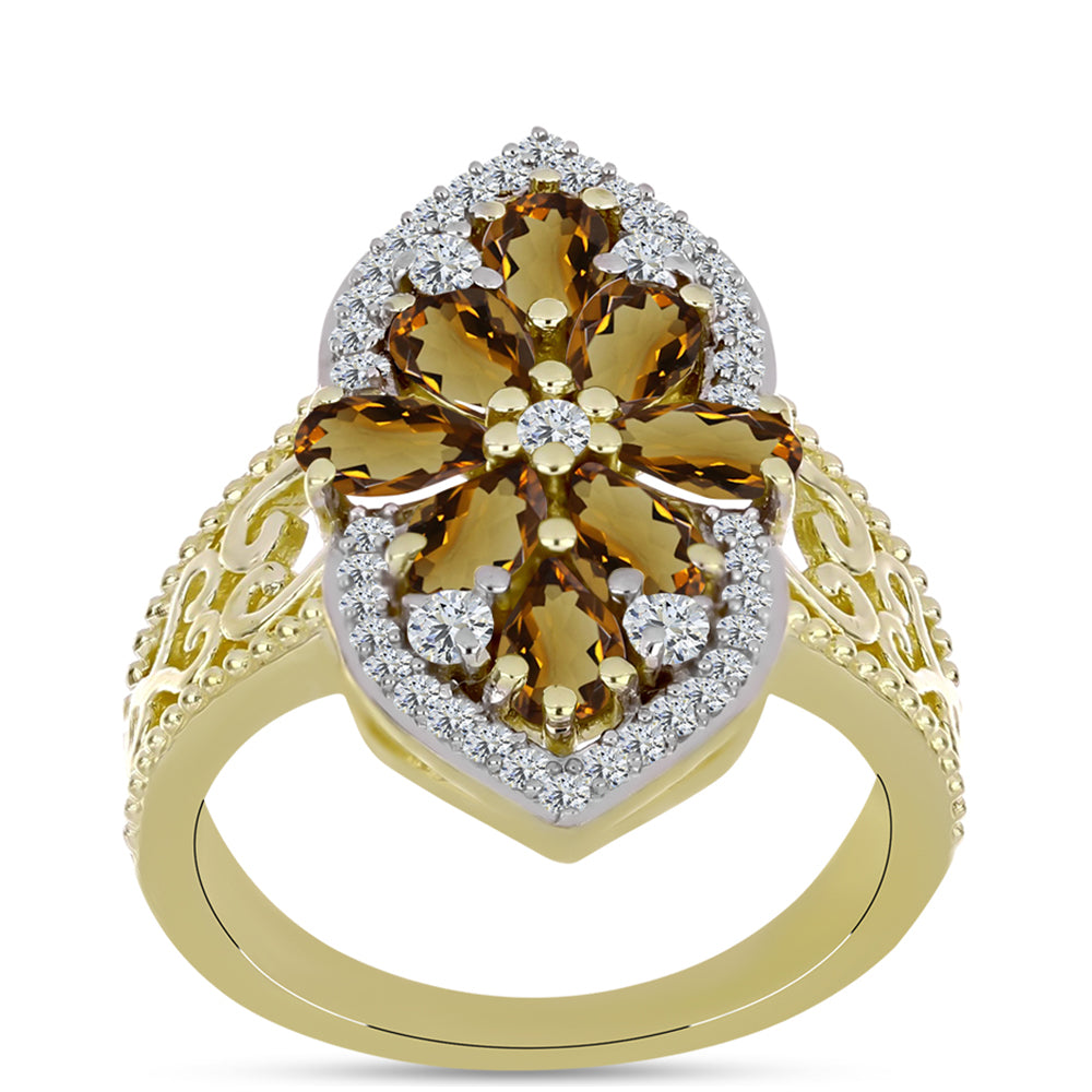 Pozlacené Stříbro 925/1000 - Prsten s Koňakovým Křemenem a Bílým Topazem - Karátové číslo: 1.98. přibližná hmotnost: 4.93 gramů 3 