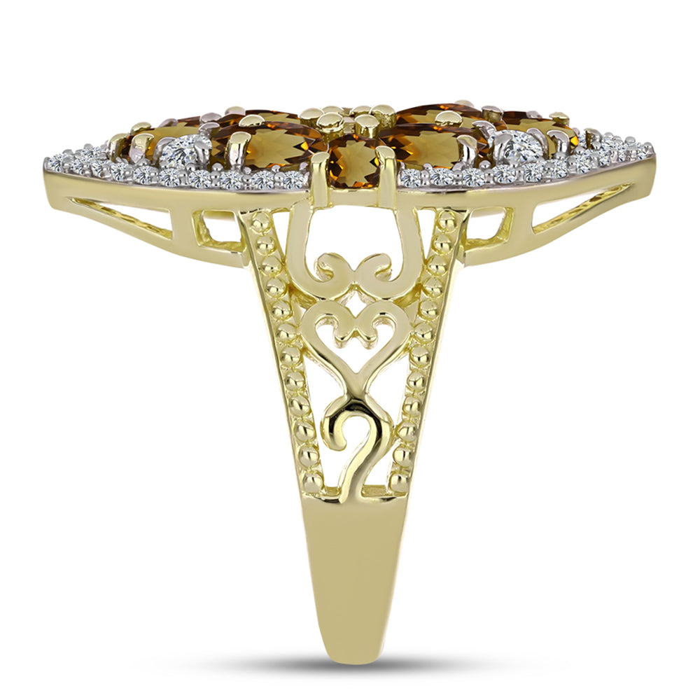 Pozlacené Stříbro 925/1000 - Prsten s Koňakovým Křemenem a Bílým Topazem - Karátové číslo: 1.98. přibližná hmotnost: 4.93 gramů