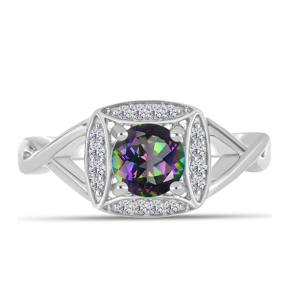 Stříbro 925/1000 - Prsten s Brazilským Mystickým Zeleným Křemenem a Bílým Topazem - Karátové číslo: 0.91. přibližná hmotnost: 3.05 gramů