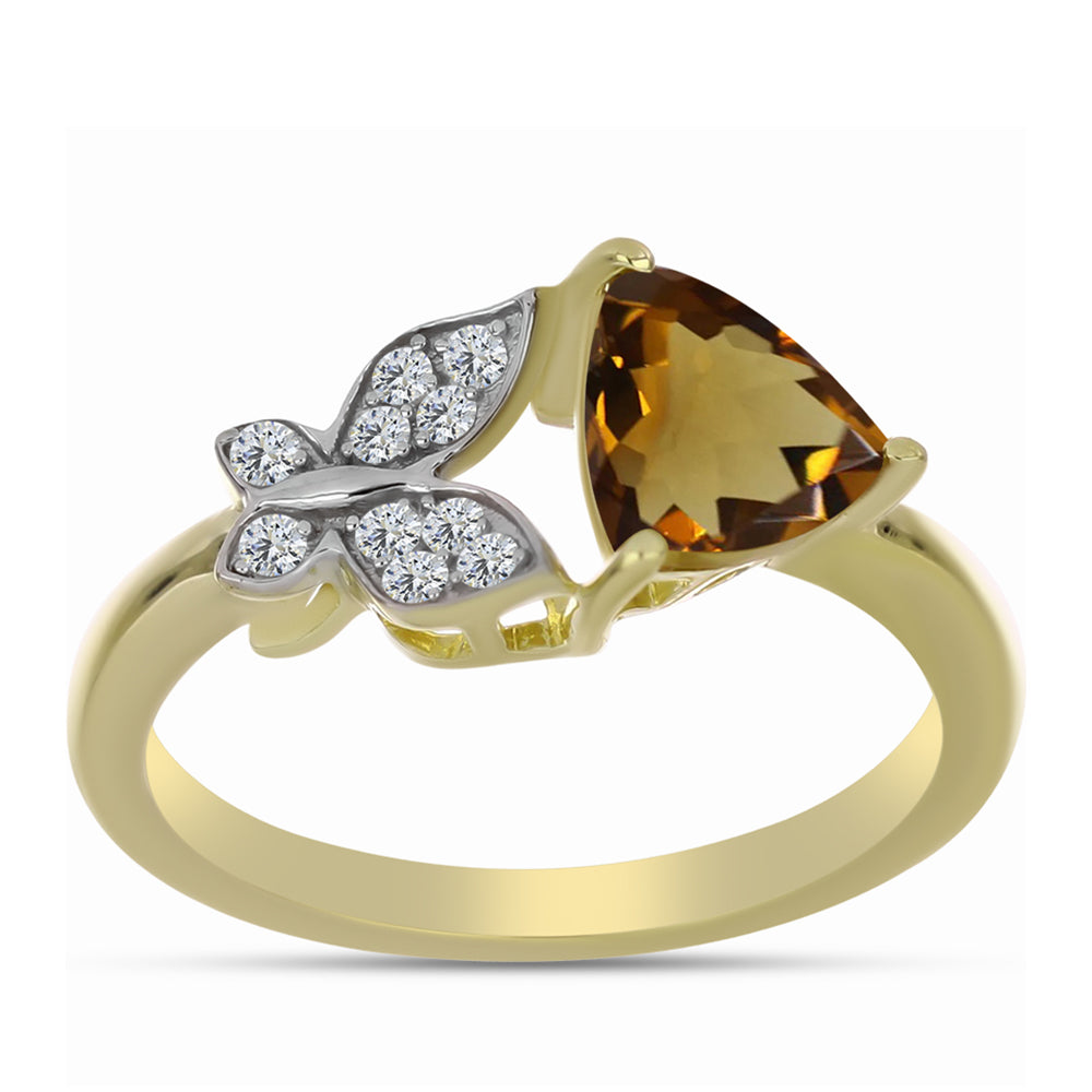 Pozlacené Stříbro 925/1000 - Prsten s Koňakovým Křemenem a Bílým Topazem - Karátové číslo: 1.21. přibližná hmotnost: 2.79 gramů