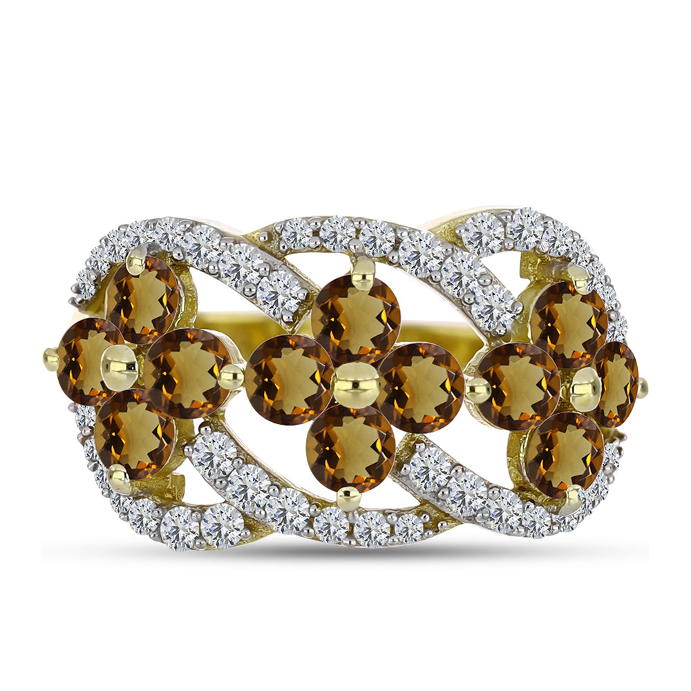 Pozlacené Stříbro 925/1000 - Prsten s Koňakovým Křemenem a Bílým Topazem - Karátové číslo: 1.82. přibližná hmotnost: 4.11 gramů