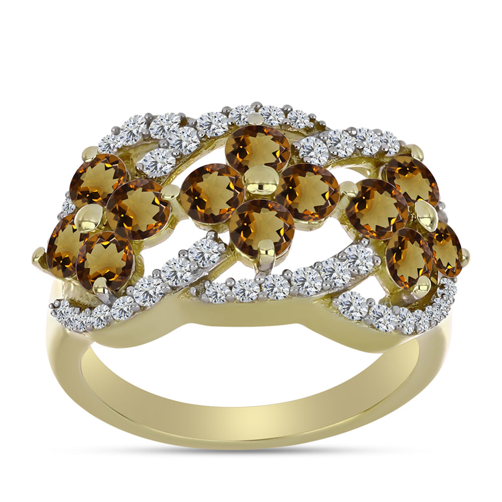 Pozlacené Stříbro 925/1000 - Prsten s Koňakovým Křemenem a Bílým Topazem - Karátové číslo: 1.82. přibližná hmotnost: 4.11 gramů