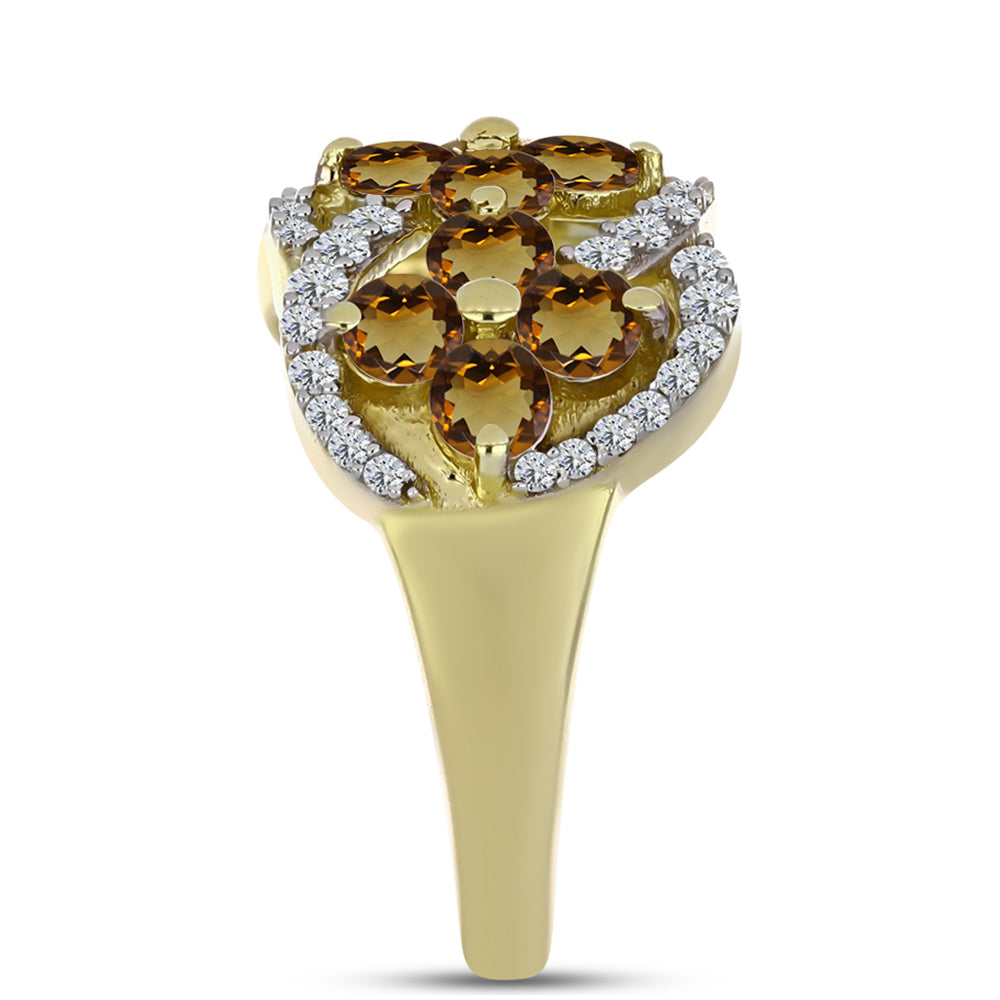 Pozlacené Stříbro 925/1000 - Prsten s Koňakovým Křemenem a Bílým Topazem - Karátové číslo: 1.82. přibližná hmotnost: 4.11 gramů