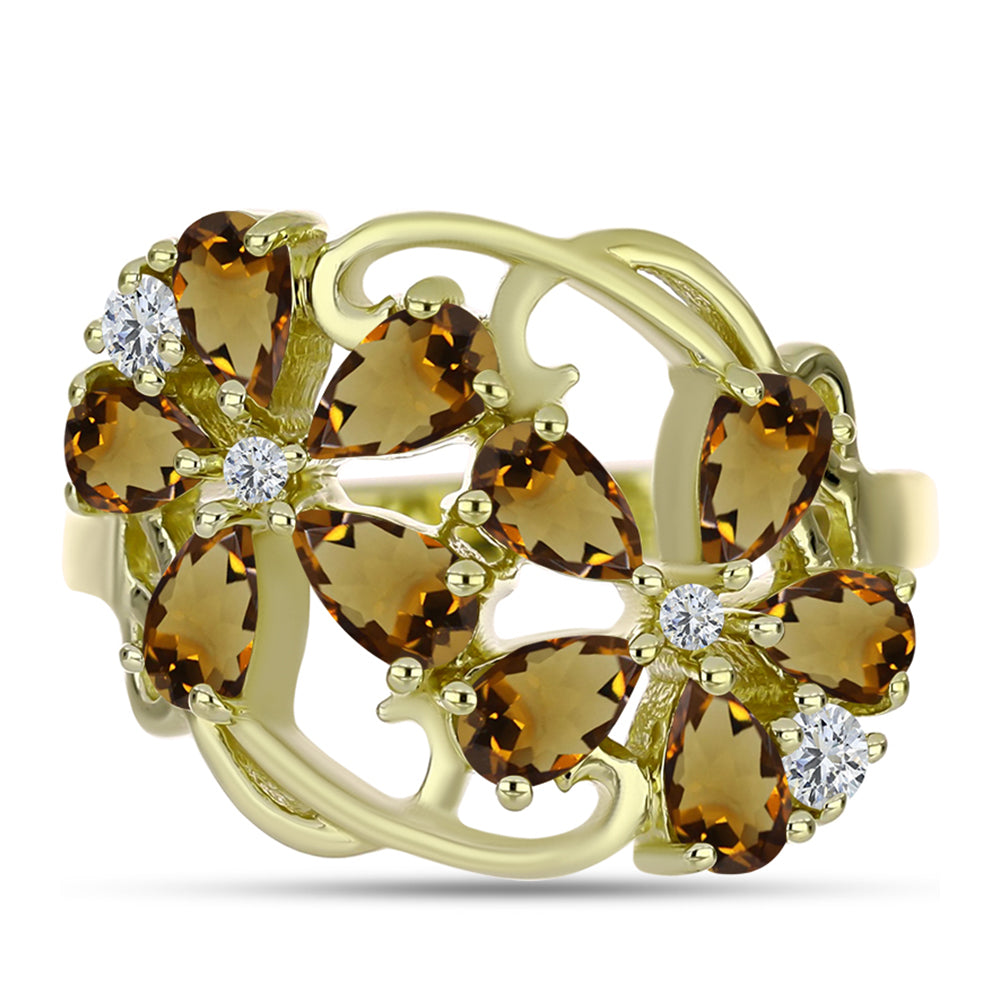 Pozlacené Stříbro 925/1000 - Prsten s Koňakovým Křemenem a Bílým Topazem - Karátové číslo: 2.09. přibližná hmotnost: 4.86 gramů 1 