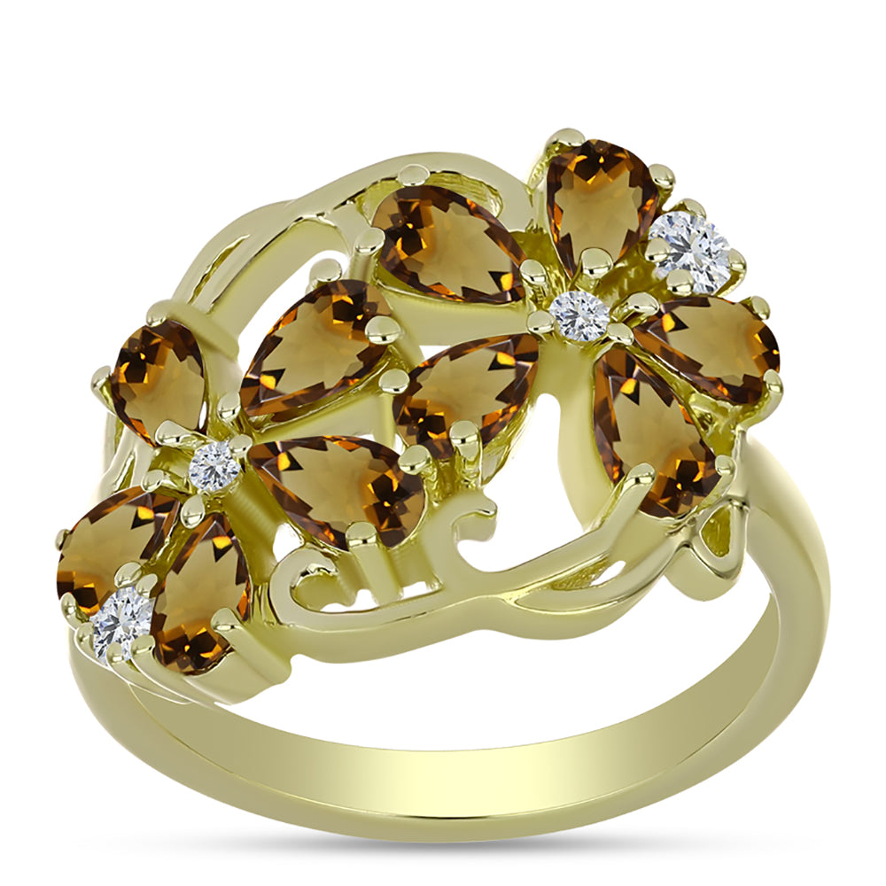 Pozlacené Stříbro 925/1000 - Prsten s Koňakovým Křemenem a Bílým Topazem - Karátové číslo: 2.09. přibližná hmotnost: 4.86 gramů 3 