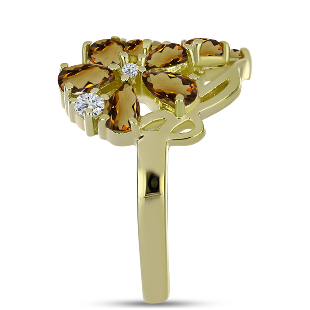 Pozlacené Stříbro 925/1000 - Prsten s Koňakovým Křemenem a Bílým Topazem - Karátové číslo: 2.09. přibližná hmotnost: 4.86 gramů