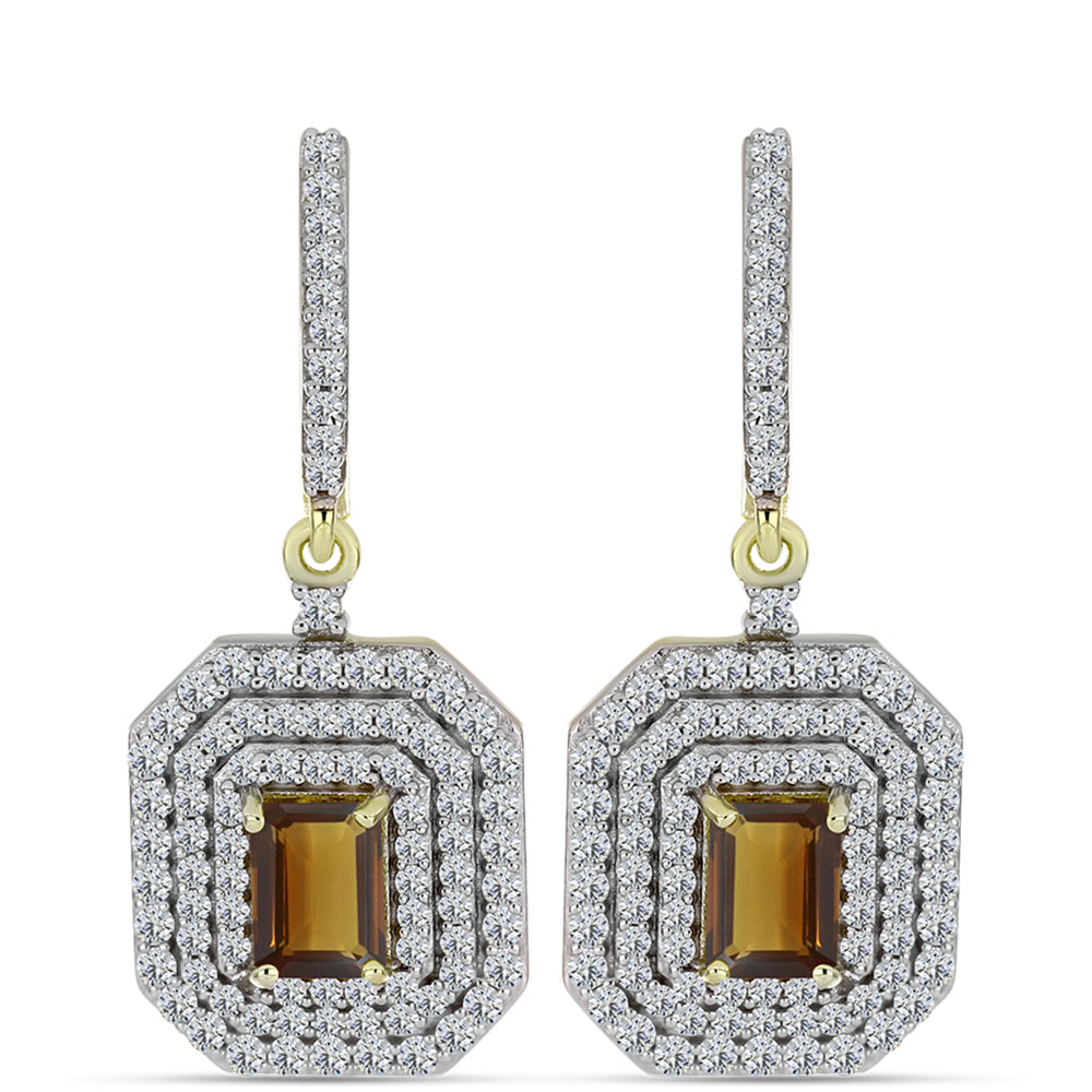 Pozlacené Stříbro 925/1000 - Náušnice s Koňakovým Křemenem a Bílým Topazem - Karátové číslo: 3.85. přibližná hmotnost: 8.73 gramů 1 