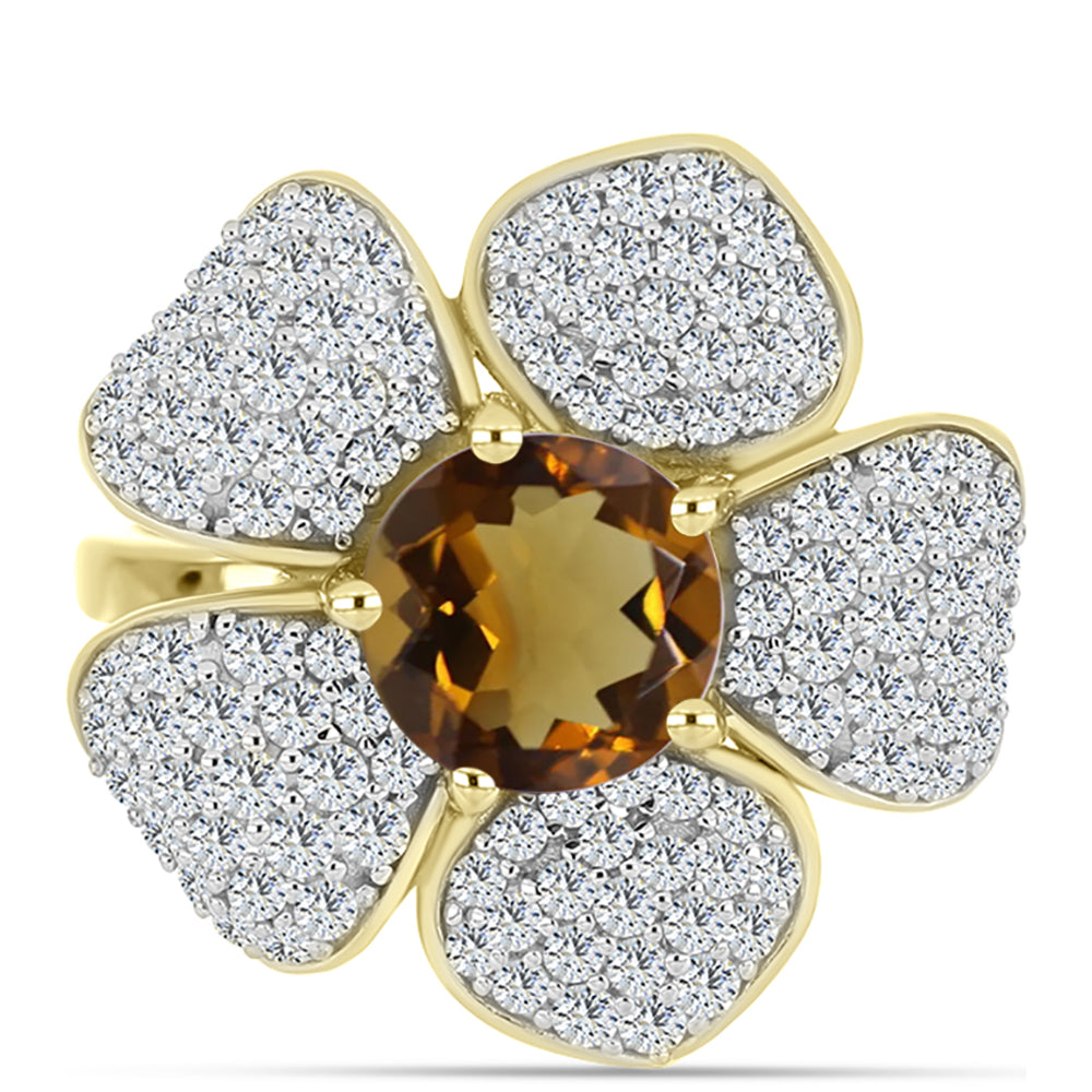 Pozlacené Stříbro 925/1000 - Prsten s Koňakovým Křemenem a Bílým Topazem - Karátové číslo: 2.88. přibližná hmotnost: 5.52 gramů 1 