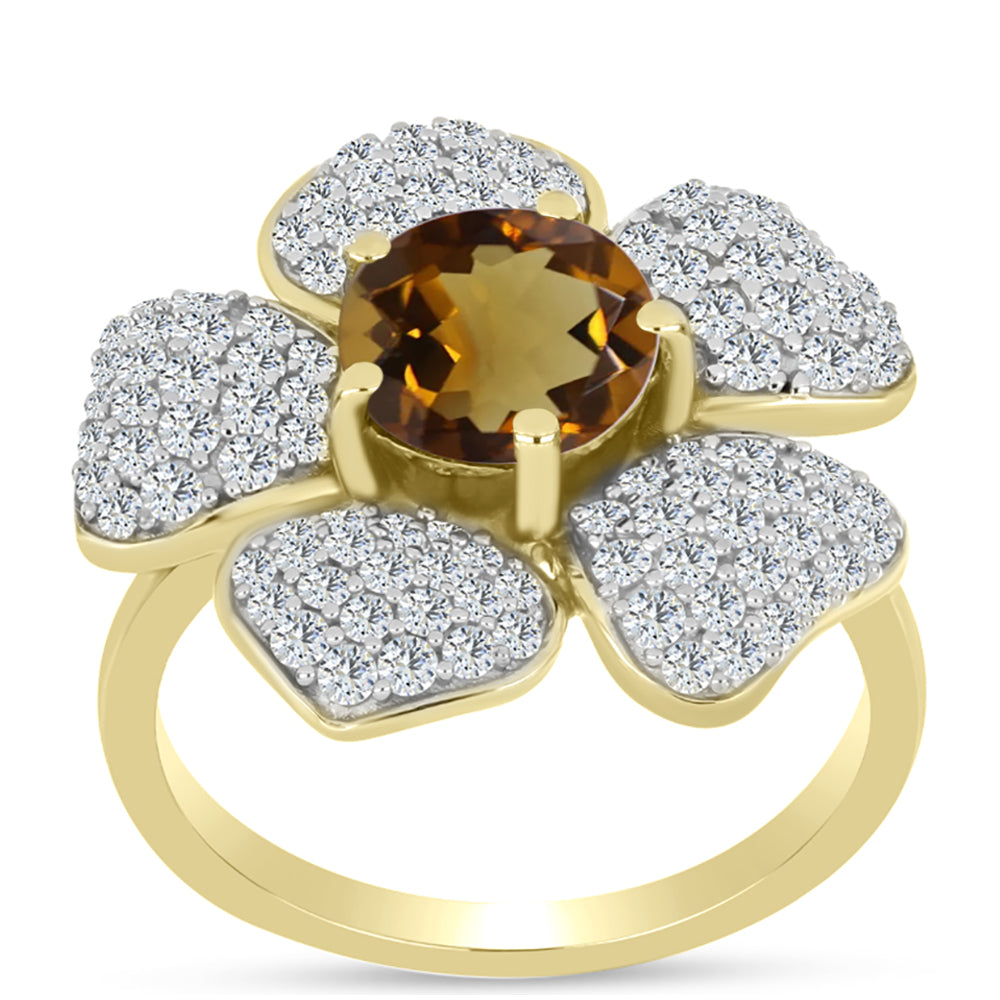 Pozlacené Stříbro 925/1000 - Prsten s Koňakovým Křemenem a Bílým Topazem - Karátové číslo: 2.88. přibližná hmotnost: 5.52 gramů 3 