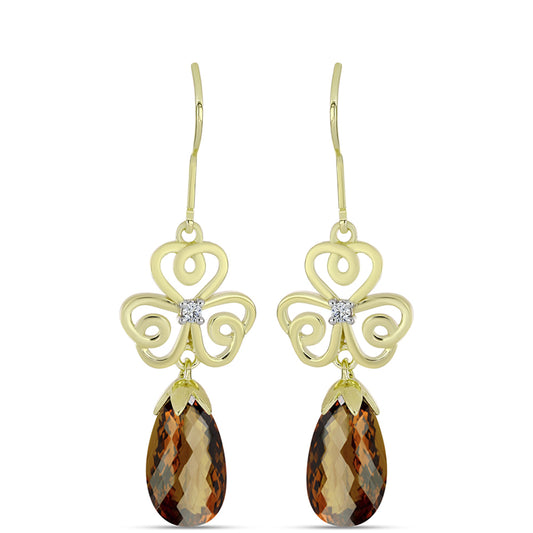Pozlacené Stříbro 925/1000 - Náušnice s Koňakovým Křemenem a Bílým Topazem - Karátové číslo: 6.36. přibližná hmotnost: 5.17 gramů