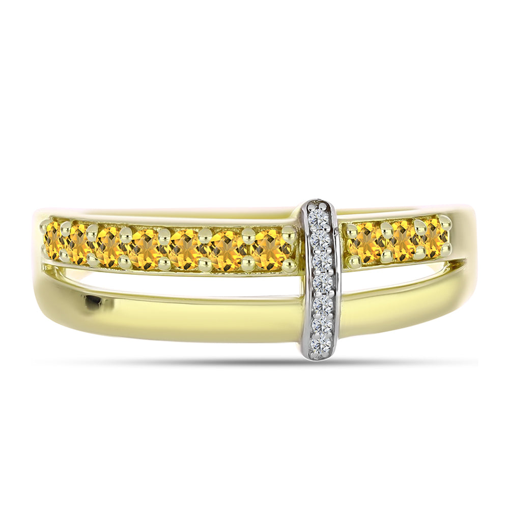 Pozlacené Stříbro 925/1000 - Prsten s Koňakovým Křemenem a Bílým Topazem - Karátové číslo: 0.38. přibližná hmotnost: 3.72 gramů