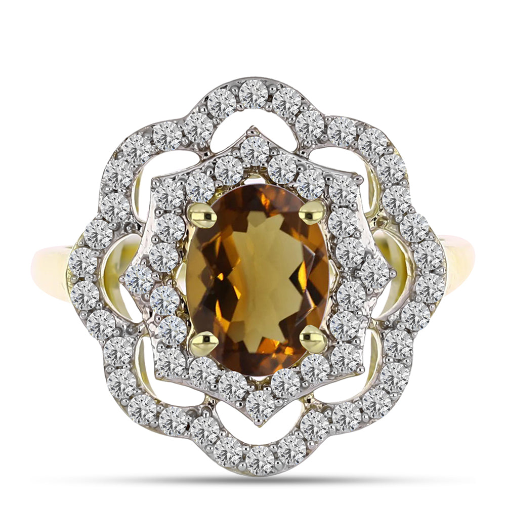 Pozlacené Stříbro 925/1000 - Prsten s Koňakovým Křemenem a Bílým Topazem - Karátové číslo: 1.58. přibližná hmotnost: 3.39 gramů 1 