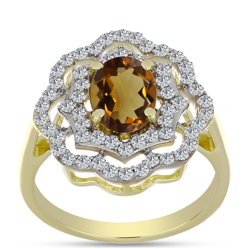 Pozlacené Stříbro 925/1000 - Prsten s Koňakovým Křemenem a Bílým Topazem - Karátové číslo: 1.58. přibližná hmotnost: 3.39 gramů