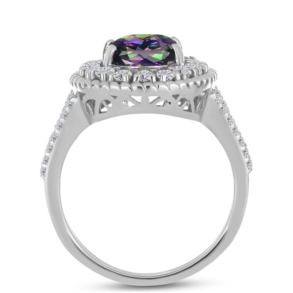 Stříbro 925/1000 - Prsten s Brazilským Mystickým Zeleným Křemenem a Bílým Topazem - Karátové číslo: 3.27. přibližná hmotnost: 4.58 gramů